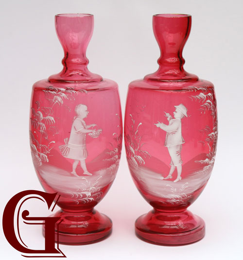 pair cranberry glass Mary Gregory vases